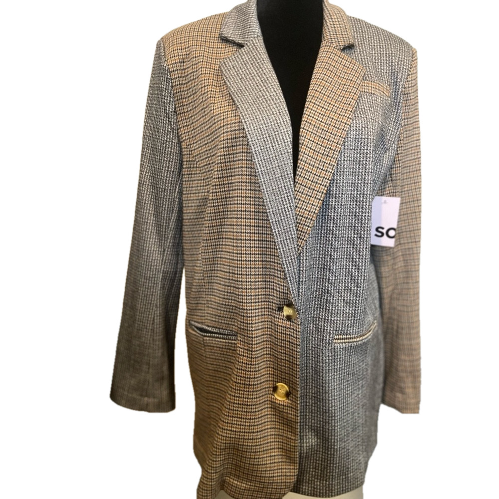 SO~Goods For Life~NWT~Stylish~Two-Tone~Black/Tan~Plaid~Oversized Blazer~Size M